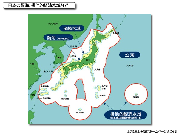 図 日本の<ruby><rb>領海</rb><rp>(</rp><rt>りょうかい</rt><rp>)</rp></ruby>、排他的経済水域など