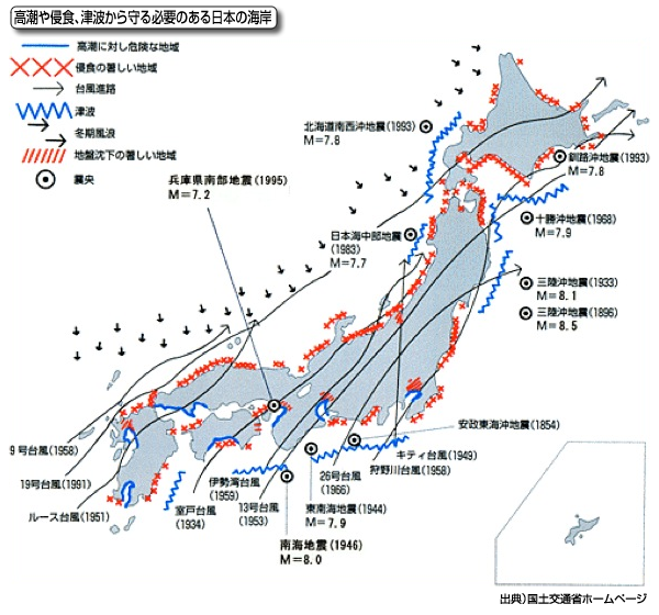 図 高潮や侵食、津波から守る必要のある日本の海岸